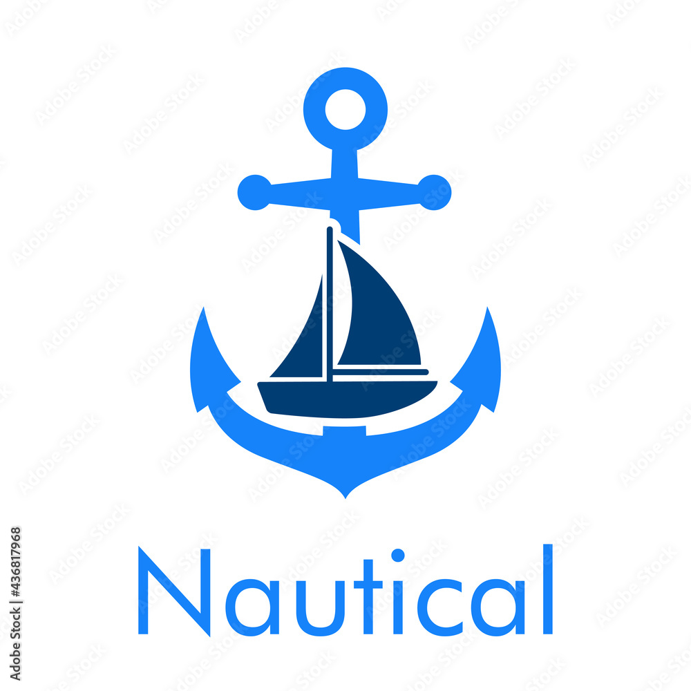 Logotipo con texto Nautical y barco de vela en ancla de barco en color azul Logotipo con texto Nautical y barco de vela en ancla de barco en color azul