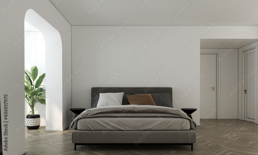 Fototapeta premium Home and decoration mock up furniture and interior design of bedroom and empty white wall texture background, 3d rendering