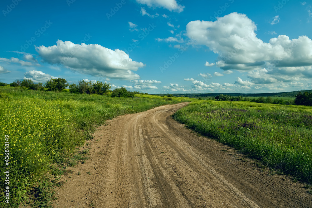 dirt road among green fields on a spring sunny day. dirt road among green fields on a spring sunny day.