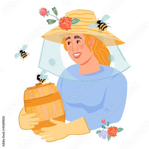 Beekeeper or apiarist female cartoon character with barrel of honey, flat vector illustration isolated on white background. Smiling honey seller or hiver for farm market and packaging design.