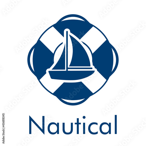 Logotipo con texto Nautical y barco de vela en anillo salvavidas en color azul