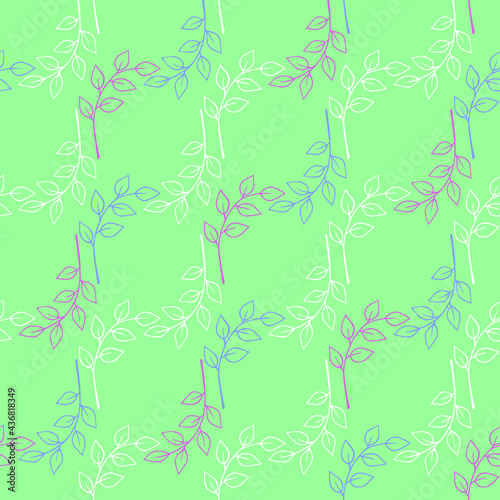 Delicate twigs with leaves seamless pattern. Hand drawn doodle blue purple and white plants. Ink branches of olive laurel. Stock vector illustration isolated on fresh mint green background.