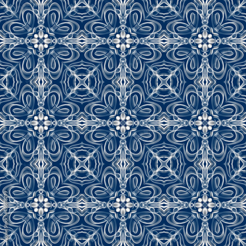 Seamless abstract geometric floral surface pattern in vivid colors with symmetrical form repeating horizontally and vertically. Use for fashion design, home decoration, wallpapers and gift packages.