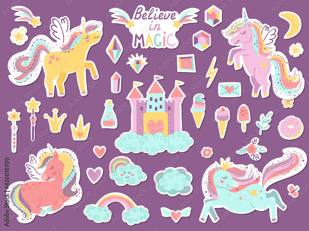Naklejka premium Set of stickers with cute unicorns.
