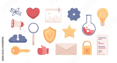 Set of science and laboratory cartoon icons for web interface. Symbols of lightbulb, gear, lab flask, lock, key, envelope, star, thumb up. Colored flat vector illustration isolated on white background