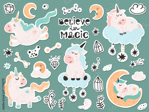 Set of stickers with cute unicorns.
