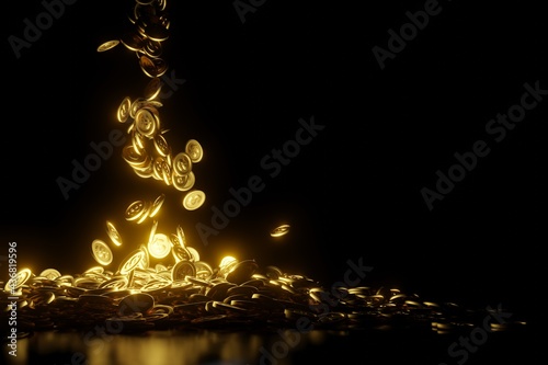 gold coins drop from sky on black background copy space .3D Rendering.