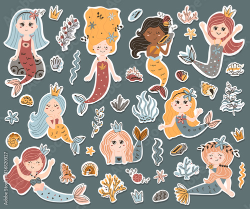 Vector set of cute mermaids stickers