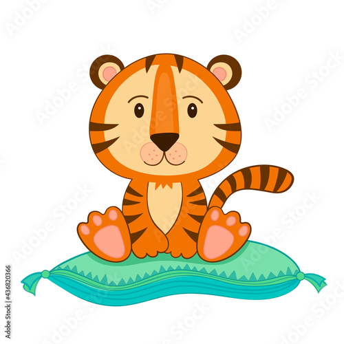 Illustration tiger symbol 2022 year sitting on a pillow on white isolated background. Cute flat style for stickers or nursery decor.