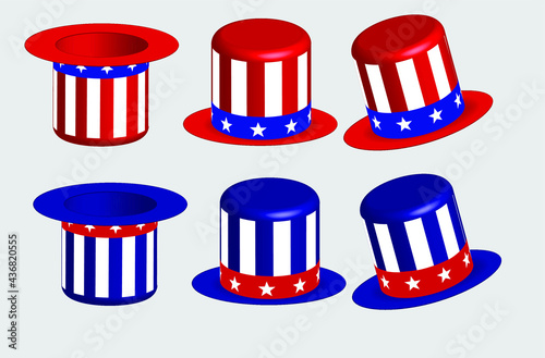 4th of july.Uncle Sam's hat isolated on white background.Independence day.Cylinder hats.Sign, symbol or logo isolated.Banner design.3d mockup concept.USA and america flag.Vector illustration.