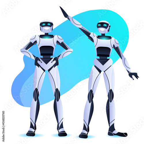robots couple standing together modern robotic characters team artificial intelligence technology
