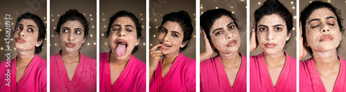 Different expressions of the Indian Beautiful Asian Female in bathrobe with face mask applied on her face smiling in lustful manner photo