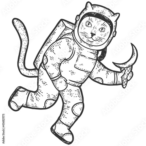 Cat is an astronaut in spacesuit and holds an ice cream in shape of the moon.