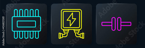 Set line Processor with microcircuits CPU, Electric circuit scheme and Electric transformer. Black square button. Vector