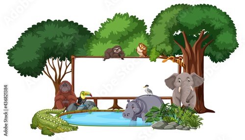 Empty banner with wild animals and rainforest trees on white background
