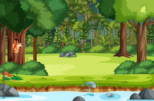 Forest scene with river and many trees