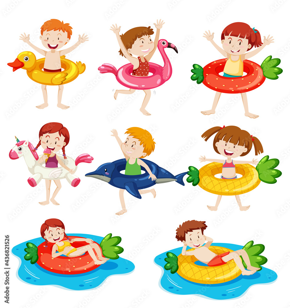 Different kids with their swimming ring isolated Different kids with their swimming ring isolated