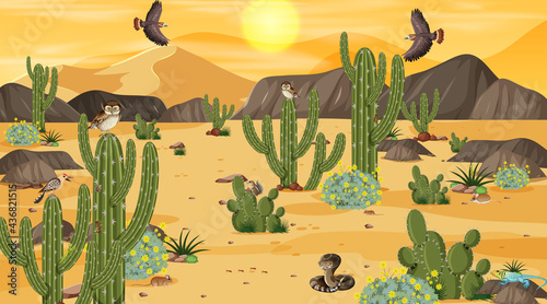 Desert forest landscape at sunset scene with desert animals and plants