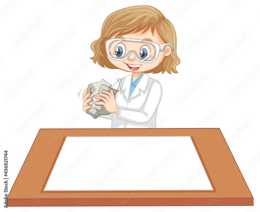 Cute girl wearing scientist uniform with blank paper on the table