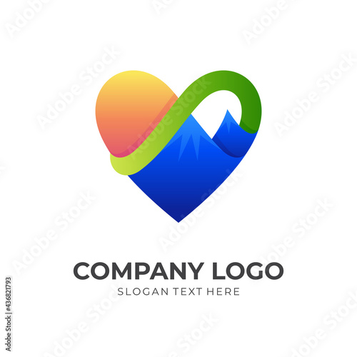 love mountain logo, love and mountain, combination logo with 3d colorful style