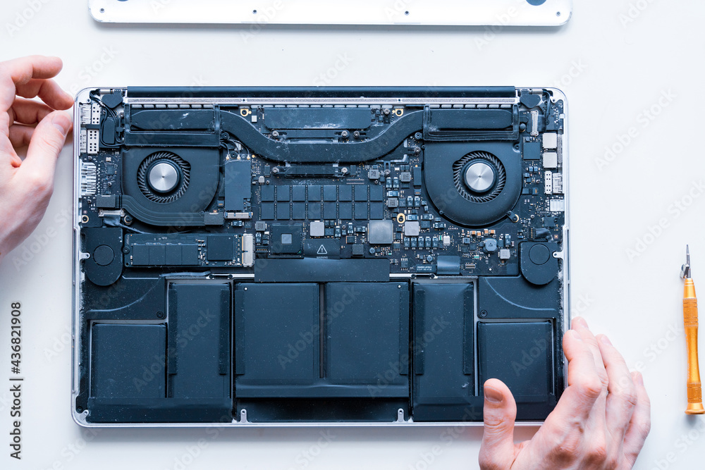 Obraz premium Solutions services electronic hardware. Engineer technician man upgrade and maintenance digital pc. Technology chip equipment repair.