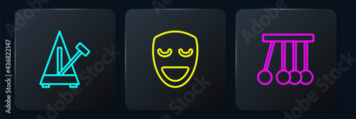 Set line Metronome with pendulum, Pendulum and Comedy theatrical mask. Black square button. Vector