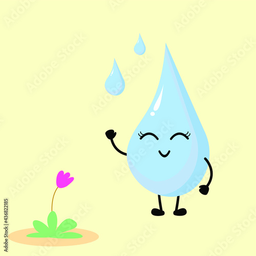 Illustration of water needed by plants. Adorable kawaii illustration, idea for mascot, emoticon, expression, icon, button, cartoon or comic character, element of kids book, water chemistry and science