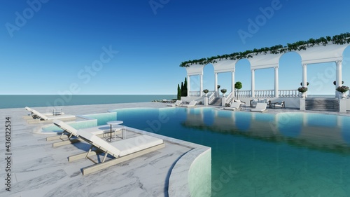 3d render pool villa in Italy with swimming pool sea view sea view in the dream on beach bed