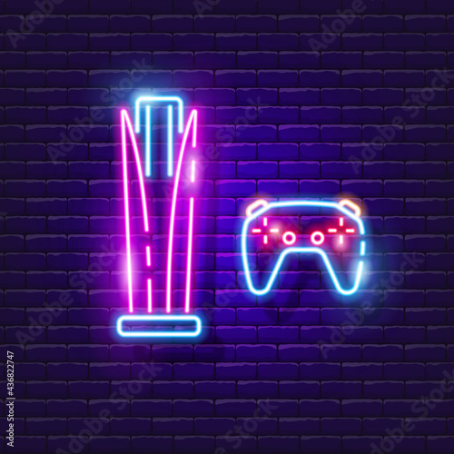 Game console neon sign. Vector illustration for design. Entertainment concept. Leisure gadget.