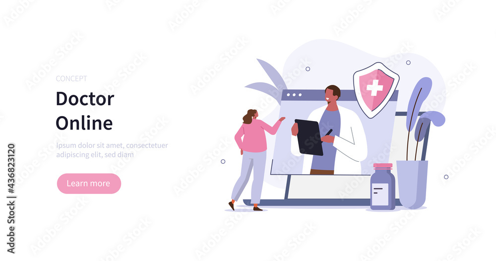 Character using laptop with video call on screen. Patient having online conversation with doctor. Modern health care services and online telemedicine concept. Flat cartoon vector illustration.