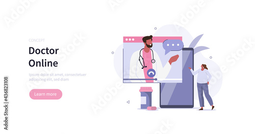 Character using smartphone with video call on screen. Patient having online conversation with doctor. Modern health care services and online telemedicine concept. Flat cartoon vector illustration.