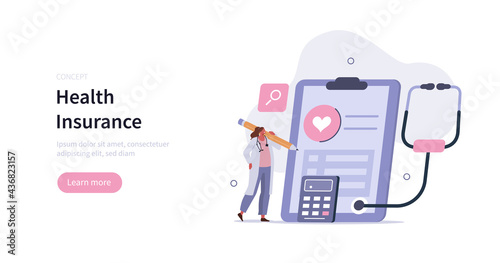 Doctor character filling and calculating health insurance contract. Medical consultation and diagnosis. Modern health care services and medicine concept. Flat cartoon vector illustration.