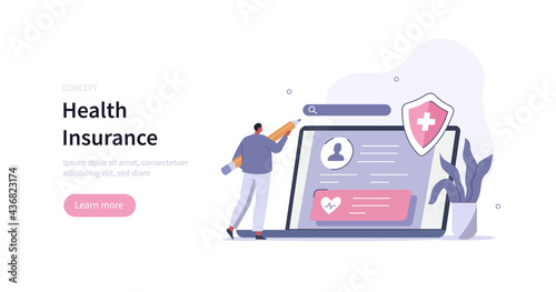 Patient character filling, calculating and signing health insurance contract online on laptop. Modern health care services and online telemedicine concept. Flat cartoon vector illustration.