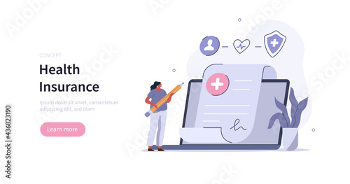 Patient character filling data and signing health insurance contract online on laptop. Modern health care services and online telemedicine concept. Flat cartoon vector illustration.
