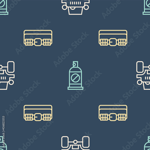 Set line Off road car, Hunting cartridge belt and Spray against insects on seamless pattern. Vector
