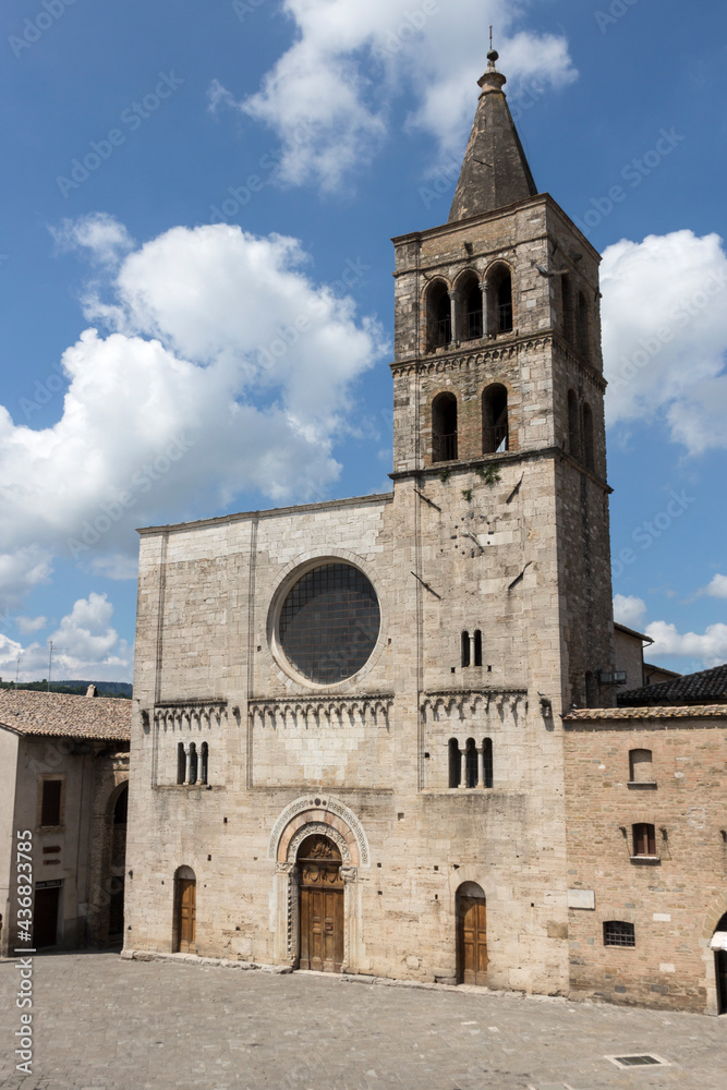 Bevagna - facade of San Michele  in main Silvestri square, Umbria in central Italy
