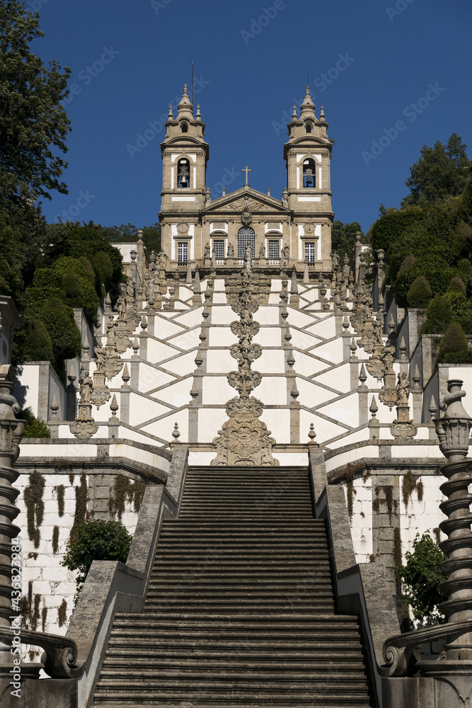 BRAGA, PORTUGAL - MAY 14, 2019: View of the Bom Jesus do Monte Sanctuary, Baroque Stairs, Braga, Minho, Portugal BRAGA, PORTUGAL - MAY 14, 2019: View of the Bom Jesus do Monte Sanctuary, Baroque Stairs, Braga, Minho, Portugal
