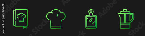Set line Cutting board, Cookbook, Chef hat and Teapot. Gradient color icons. Vector