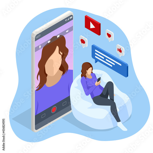 Isometric Video Blogger Recording Video With Camera. Tutorial Blogger, Blog Online, Web Vlogger. Online Influencer Vlogger Girl Cocial Media Live Steaming Concept