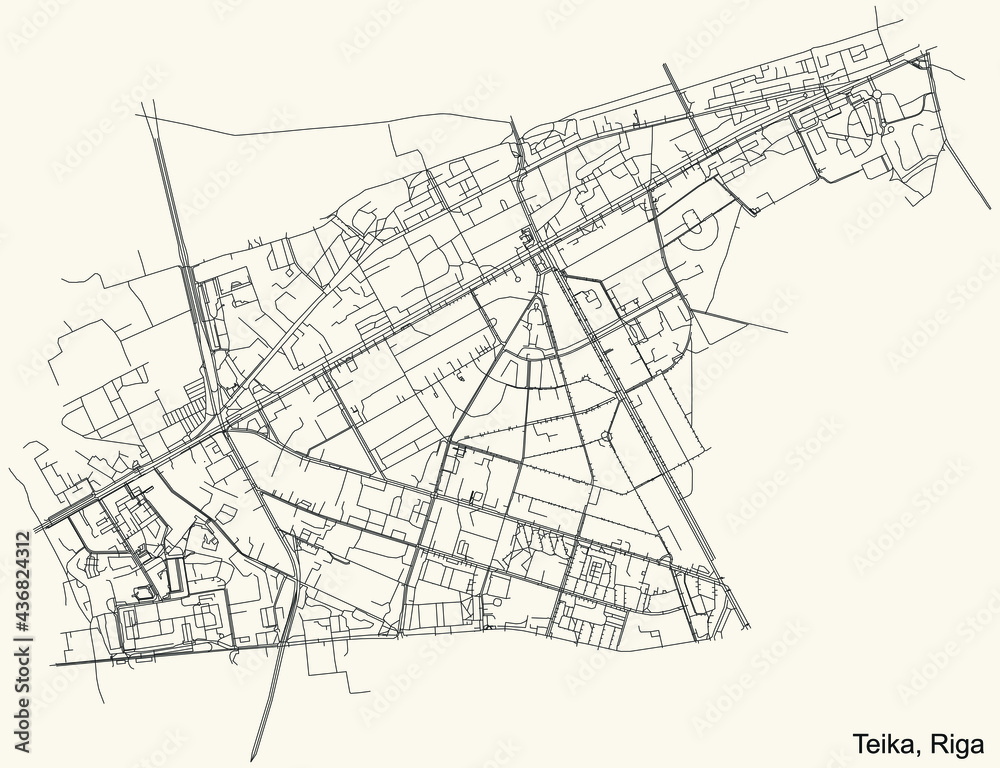 Black simple detailed street roads map on vintage beige background of the quarter Teika neighbourhood of Riga, Latvia