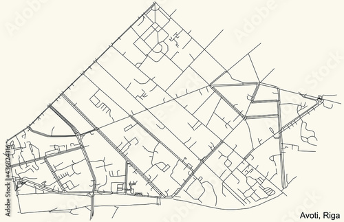 Black simple detailed street roads map on vintage beige background of the quarter Avoti neighbourhood of Riga, Latvia