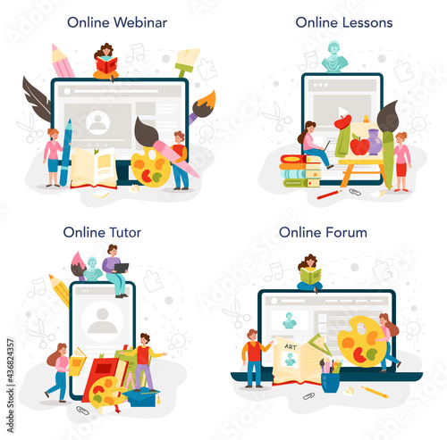 Art school education online service or platform set. Student holding