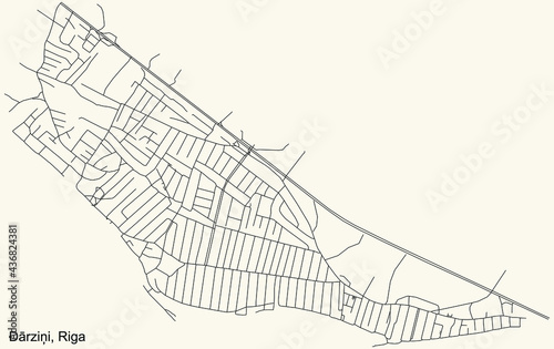 Black simple detailed street roads map on vintage beige background of the quarter Dārziņi neighbourhood of Riga, Latvia