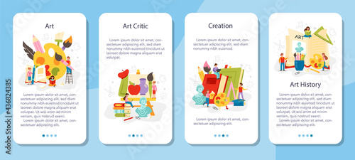 Art school education mobile application banner set. Student holding