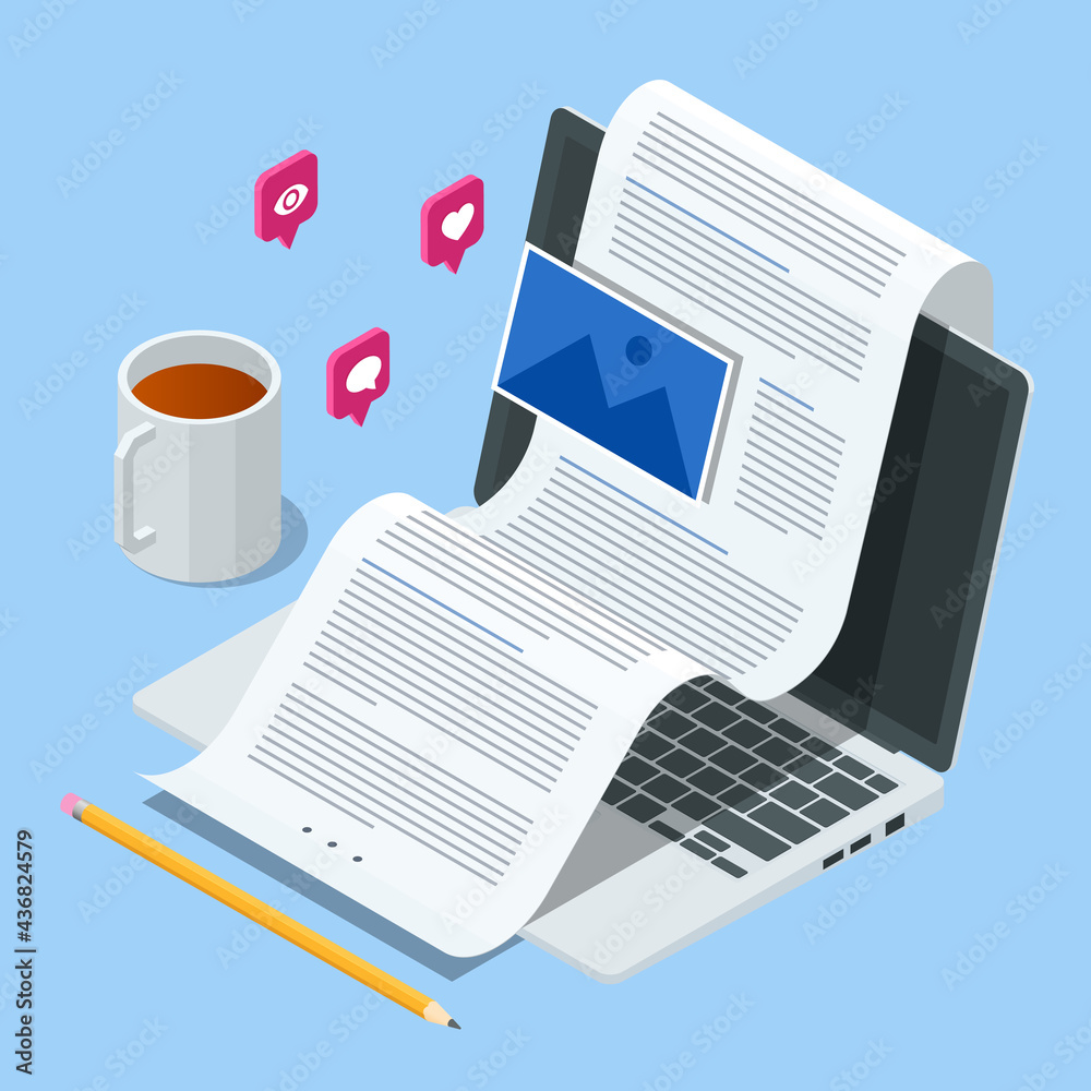 Isometric Video Blogger Recording Video With Camera. Journalist. Tutorial Blogger, Blog Online, Web Vlogger. Online Influencer Vlogger Girl Cocial Media Live Steaming Concept