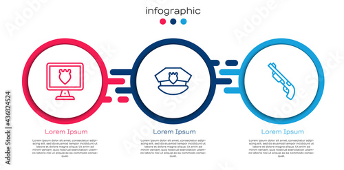 Set line Police database, cap with cockade and shotgun. Business infographic template. Vector