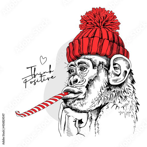 Funny Monkey in a red hipster knitted hat and with a whistle blowing. Think positive - lettering quote. Humor card, t-shirt composition, hand drawn style print. Vector illustration.