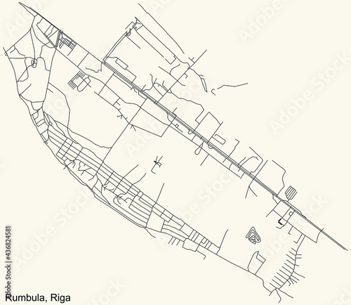Black simple detailed street roads map on vintage beige background of the quarter Rumbula neighbourhood of Riga, Latvia