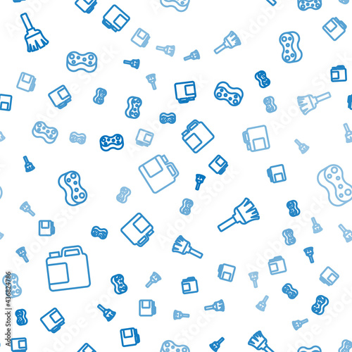 Set line Bottle for cleaning agent, Feather broom and Sponge on seamless pattern. Vector