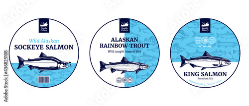 Vector fish round labels. Salmon and trout fish illustrations